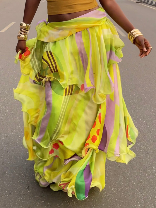 Multicoloured Print Asymmetrical Waist Layered Skirt