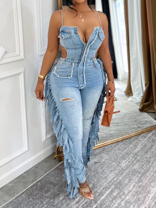 High-Elastic Fringed Suspenders Jumpsuit