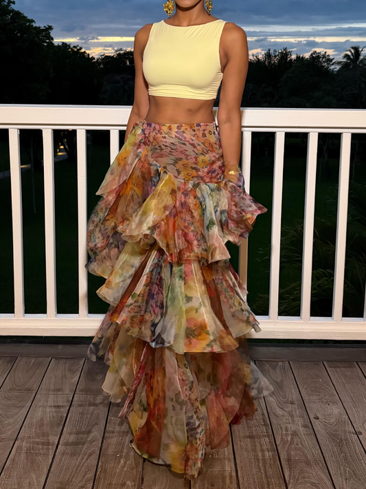 Floral Print Ruffled High Waist Maxi Skirt