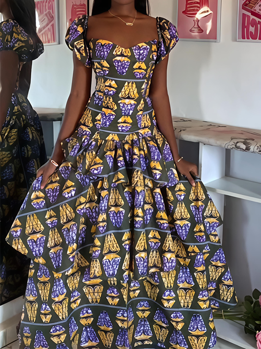 Printed Puff Sleeve Ruffled Dress