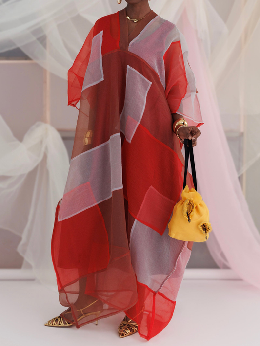 Color Block V Neck Slit Dress