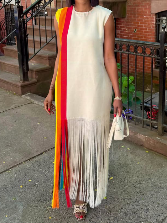 Printed Sleeveless Fringed Hem Dress