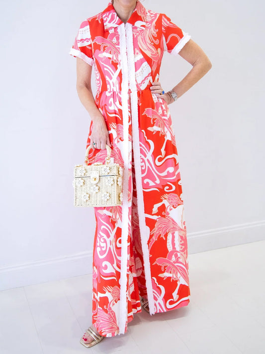 Front Zipper Printed Short Sleeve Jumpsuit