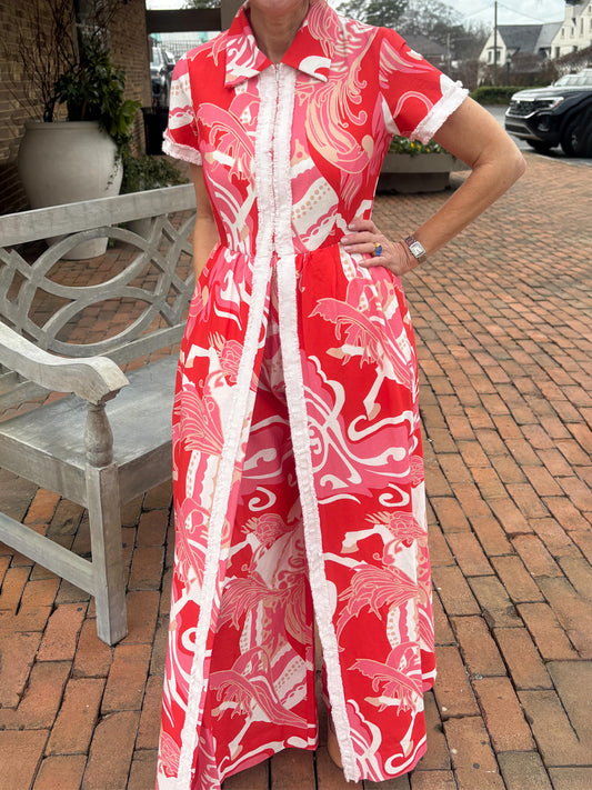 Front Zipper Printed Short Sleeve Jumpsuit