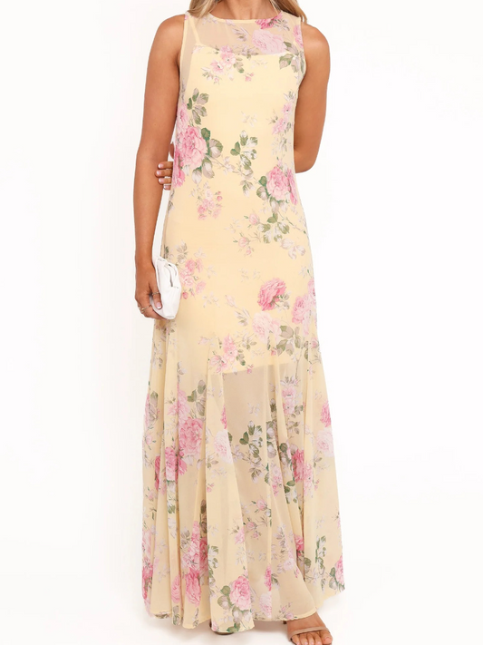 Yellow Pink Floral Chiffon Maxi Dress